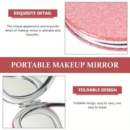 Women Folding Makeup Mirror Facial Beauty Makeup Care Tool Durable PU Surface Waterproof Ideal Party Gift Pink Flower Pattern