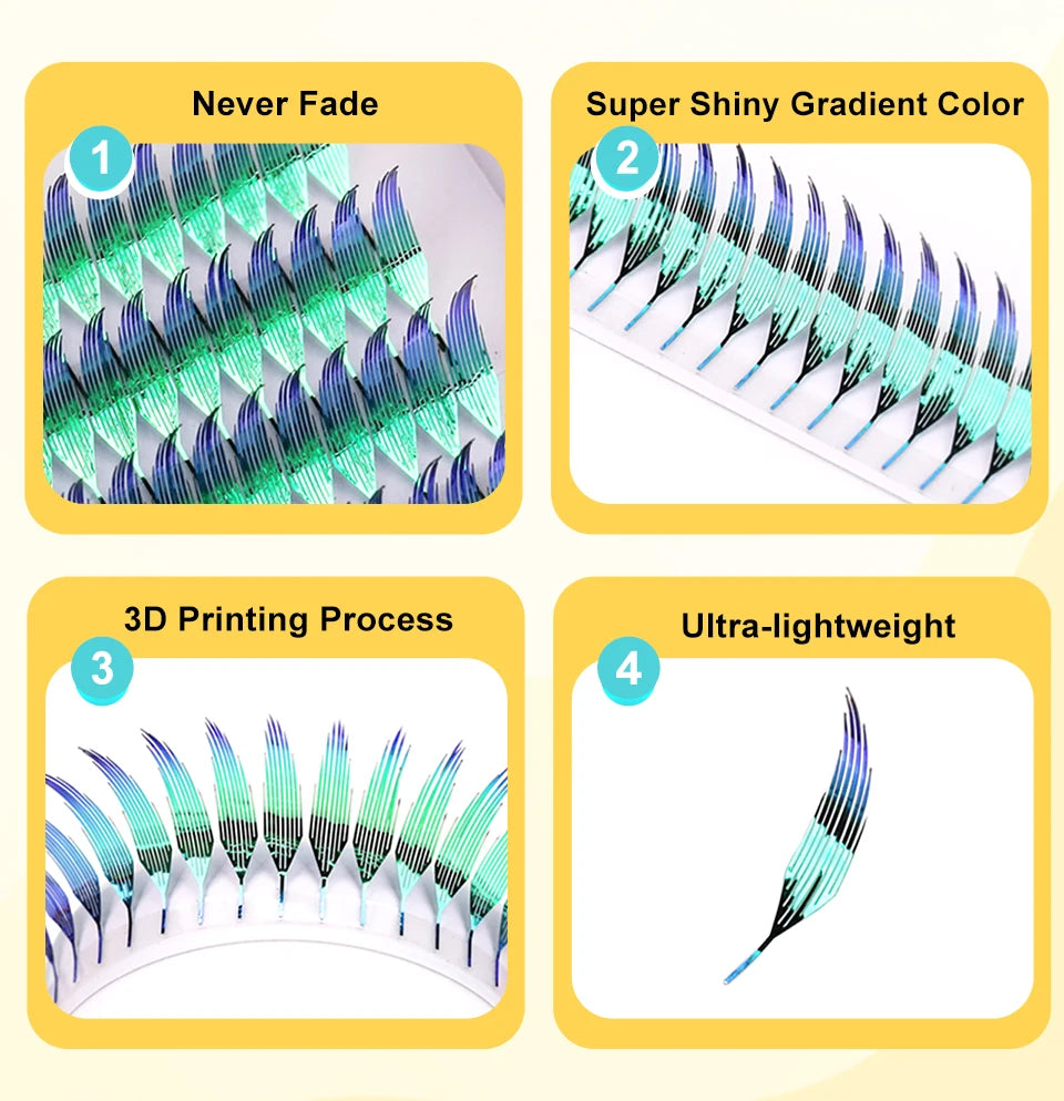 RUJADE Glitter Colored Feather Shape Premade Fan Lashes Eyelash Extension Manga Fairy Faux Lash Clusters For Christmas Makeup