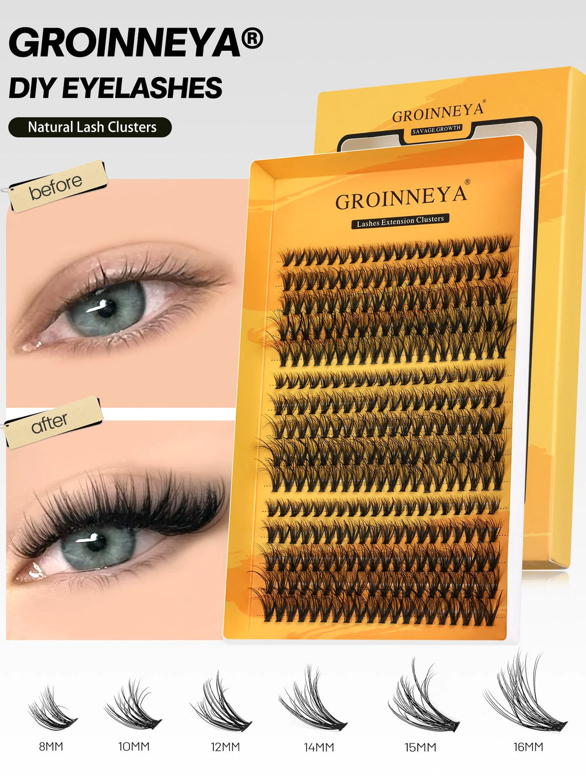 GROINNEYA Cluster Lashes DIY Eyelash Extension C Curl Long Individual Lashes Mixed Tray Faux Mink Lash Clusters Extensions