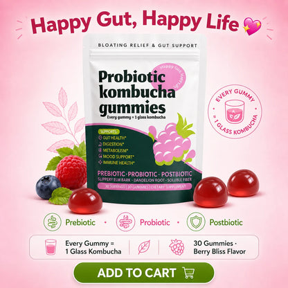 Probiotic Kombucha Gummies Berry 30 Ct Prebiotic Postbiotic Gut Health Digestion Bloating Relief Immune Vegan Non-GMO Supplement