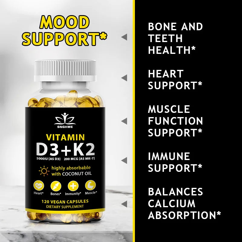 Vegan Vitamin D3+K2 Capsule Regulate Calcium Metabolism Support Teeth Bone Heart Health Joint Health