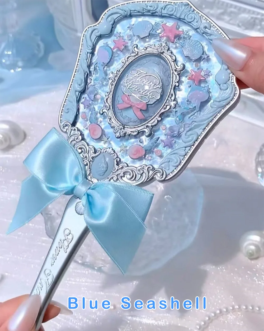 Flower Knows Shell Jewel Hand Mirror Ocean Style Makeup Mirror Portable Compact Beauty Mirror Aesthetic Princess Vanity Mirror