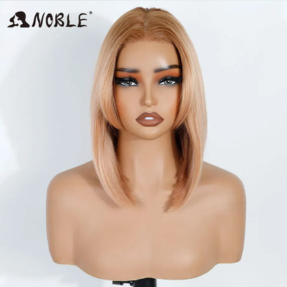 Noble Synthetic Lace Front Wigs For Women 12 Inch Pre Plucked Pre-Cut Ombre Brown Blonde Straight Layered Bob Wig Cosplay Wig