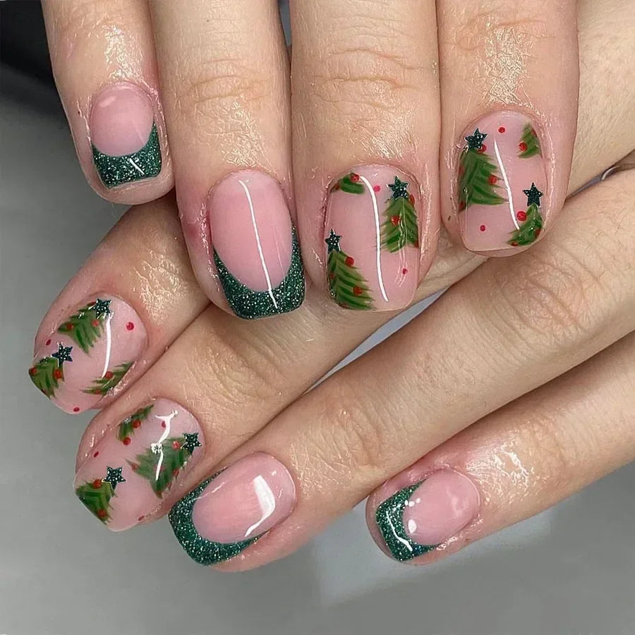 24Pcs Short Oval Press-On Nails - Cute Gingerbread & Candy Cane Christmas Designs, Perfect for Holiday Parties for Women&Girls