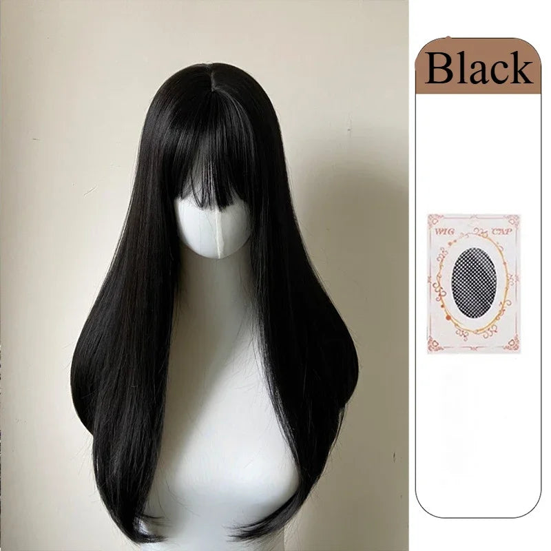 Black Wig with Bangs Long Straight Synthetic Wigs for Women 24inch Lolita Cute Natural High Temperature Fibers for Daily Use 가발