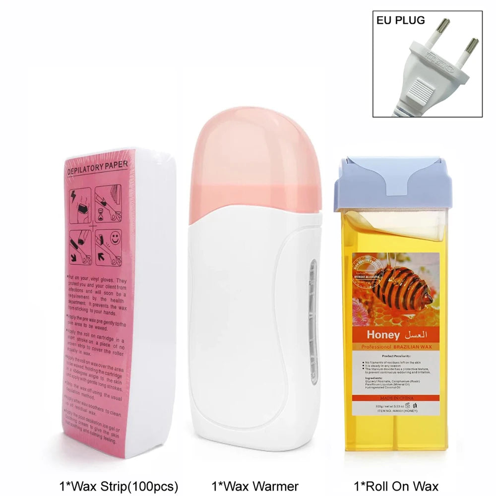 Women Home Hair Removal Kit Roll on Wax Warmer Honey Roller Wax Cartridge 100Pcs Depilatory Wax Strips Body Leg Arm Waxing Set
