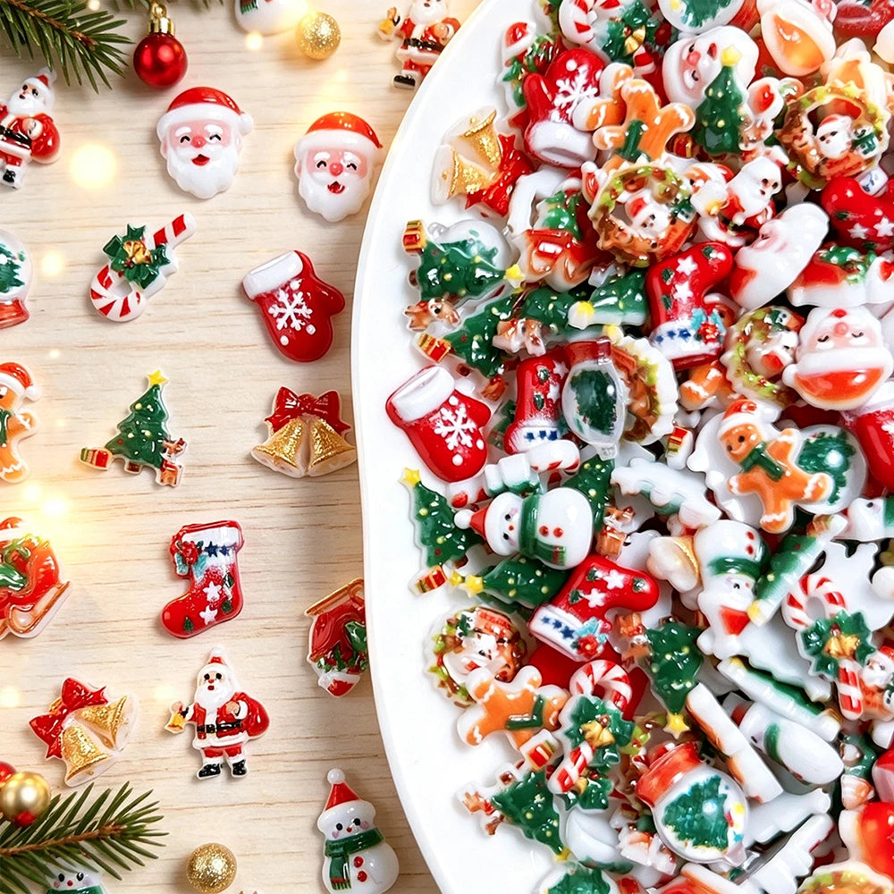 50pcs Mixed Kawaii Resin Christmas Nail Charms Xmas Santa Tree Sock Elk Bell Candy Cane Nail Ornament Flatback Nail Accessories