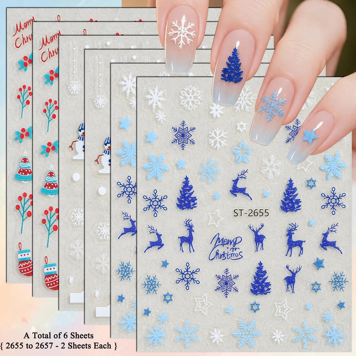 3 to 12 Sheets 3D Christmas Santa Snowman Reindeer Tree Snowflake Lights Gnome Self-Adhesive Nail Art Stickers