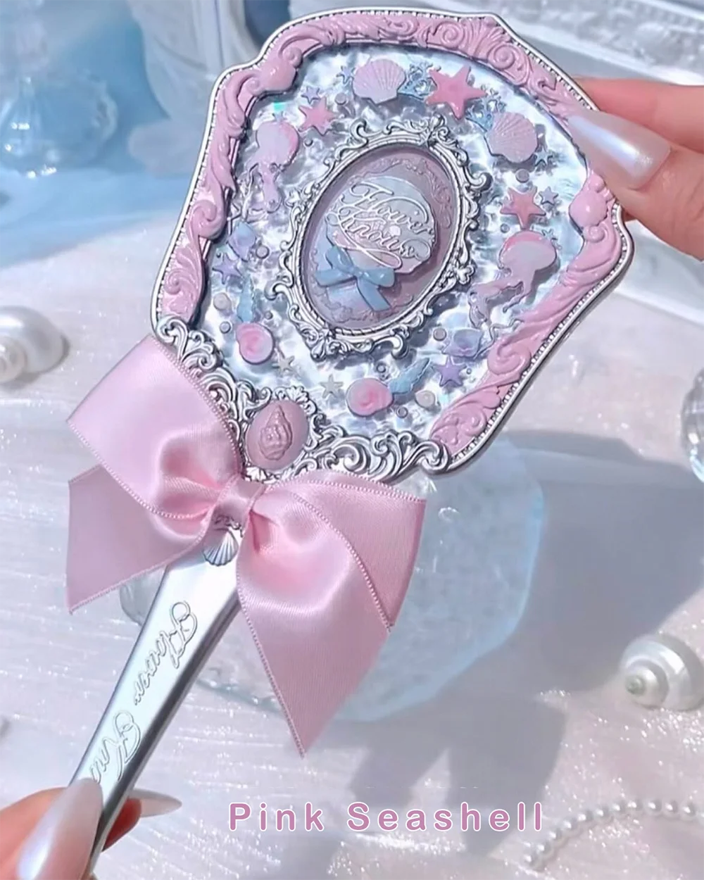 Flower Knows Shell Jewel Hand Mirror Ocean Style Makeup Mirror Portable Compact Beauty Mirror Aesthetic Princess Vanity Mirror