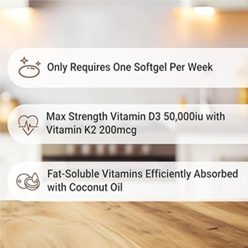 Vitamin D3 50000 IU+K2 MK7 200mcg Soft Capsules, Supporting Bone, Tooth, and Immune Health