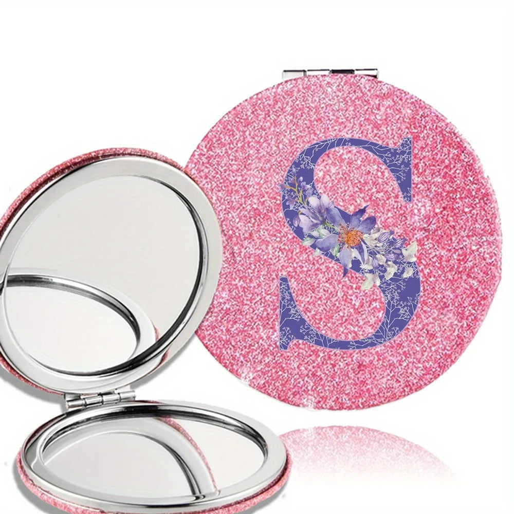 Women Folding Makeup Mirror Facial Beauty Makeup Care Tool Durable PU Surface Waterproof Ideal Party Gift Pink Flower Pattern