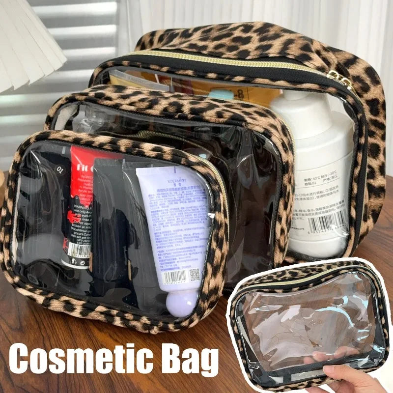 Transparent Leopard Print Clear Makeup Bag Large Capacity Travel Make Up Cosmetic Organizer Zipper Waterproof Cosmetic Bag