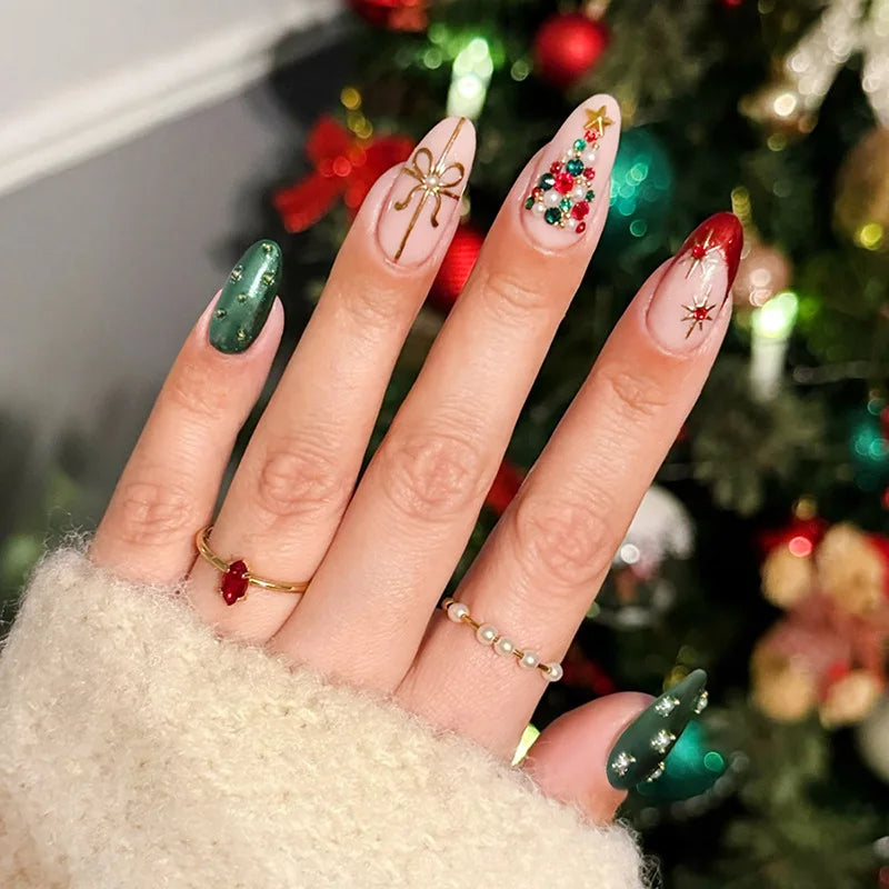 24pcs Christmas Red Metallic Press On Nails Luminous Glow In Dark Snowflake Candy Stripe Fake Nail Long Almond False Nail