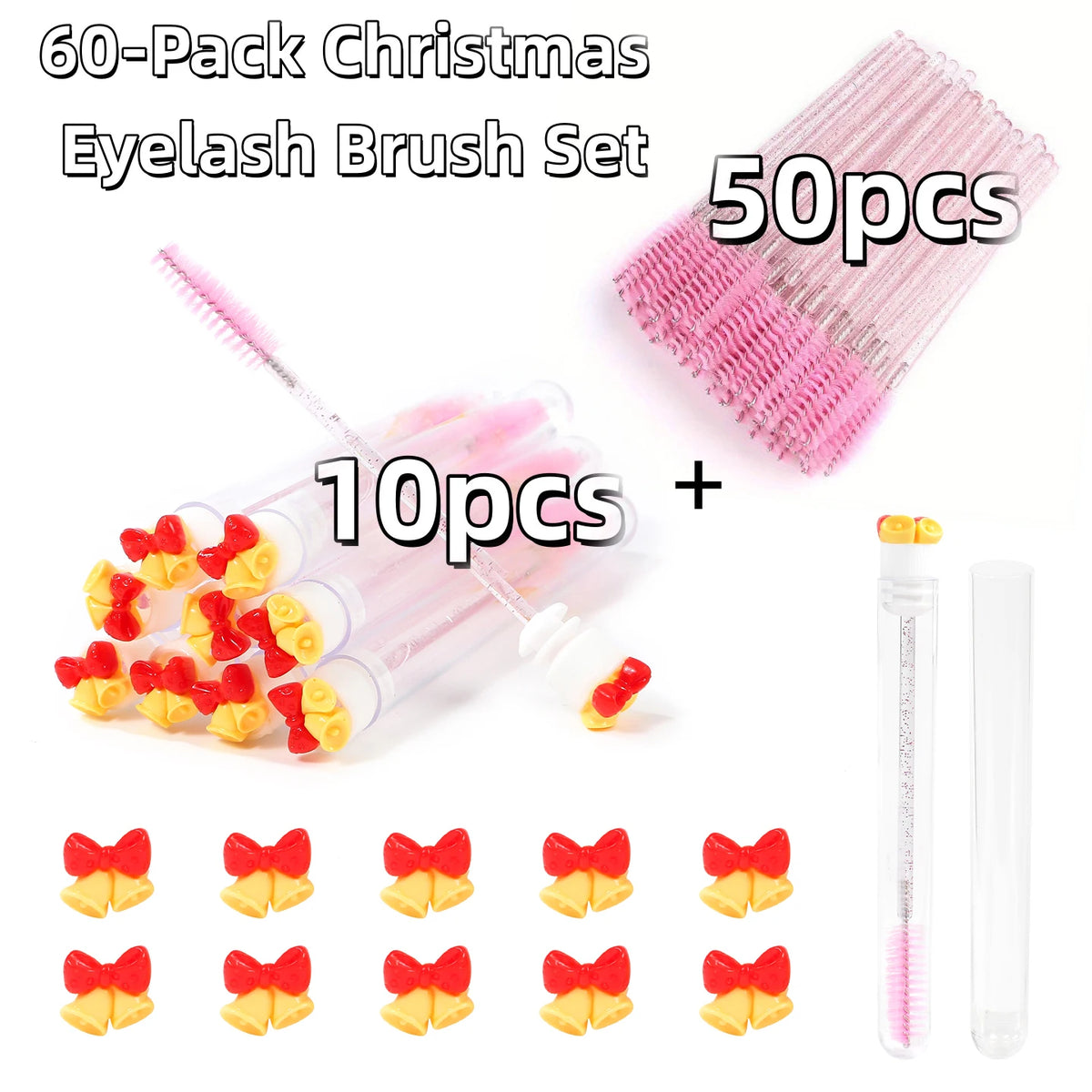 60Pcs Christmas Eyelash Brush with Tube Replaceable Mascara Wand Spoolie Dustproof Lash Tech Supplies Reusable Eyebrow Xmas Gift