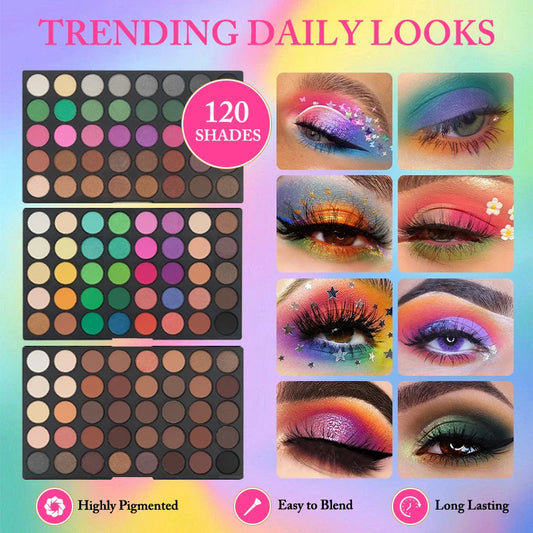 120 Colors 3-Layer Eyeshadow Palette, All-in-One Matte & Shimmer Makeup Kit, Long-Lasting Highly Pigmented Cosmetic Gift