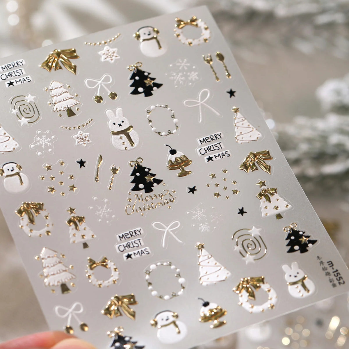 Cute Winter Cartoon Christmas Tree 5D Nail Sticker Snowman Rabbit Bow Pearl Wreath Cake Snowflake Star Self‑Adhesive Nail Decal