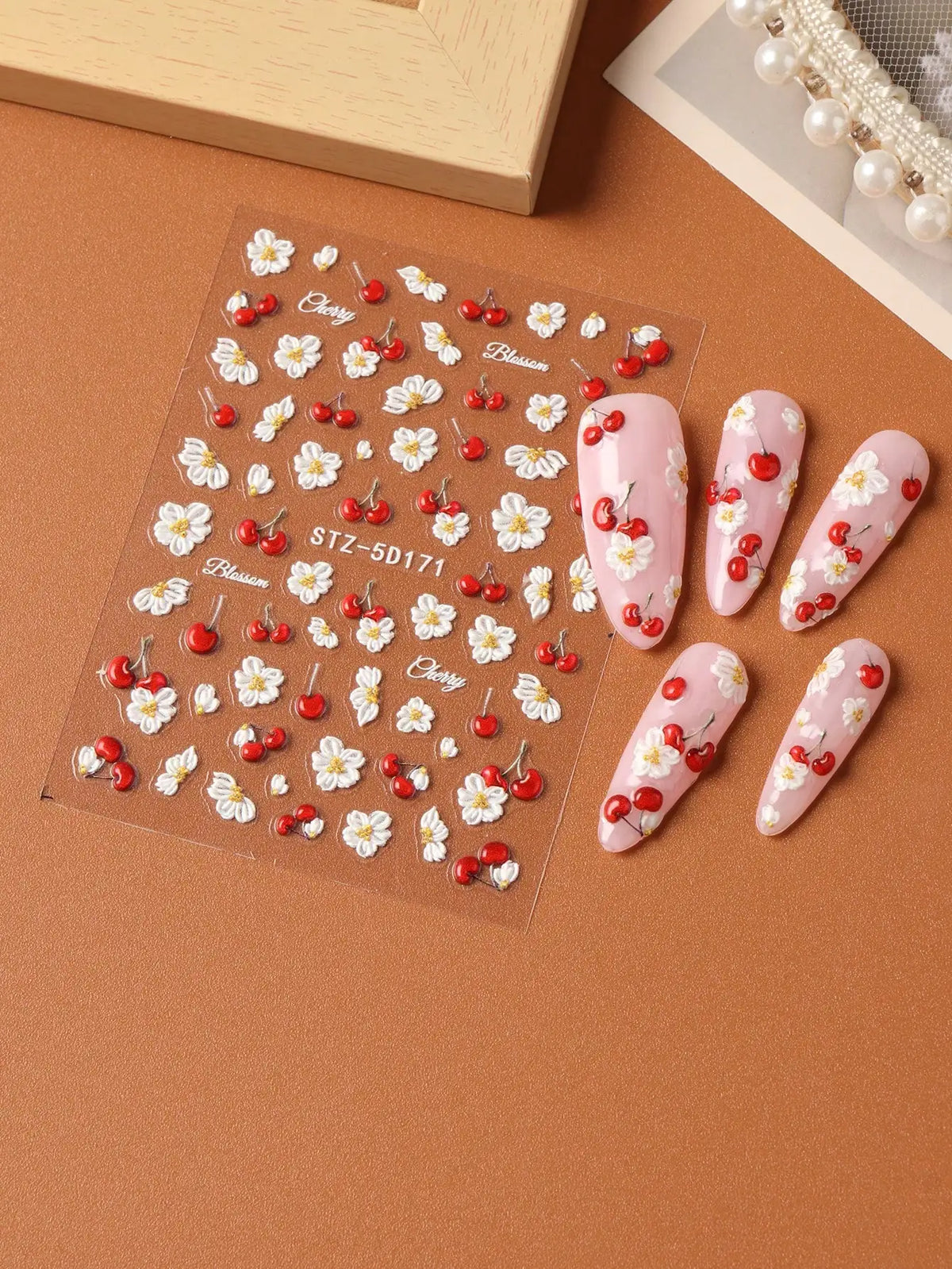 2pcs 5D Embossed Elegant Cherry Fruit Nail Art Stickers, Spring White Flower Self-Adhesive Nail Decals, Wedding Nail Decorations, Nail Art Accessories Nails Nail Supplies