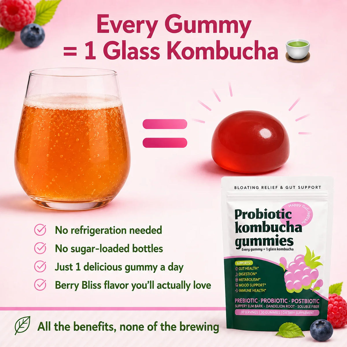 Probiotic Kombucha Gummies Berry 30 Ct Prebiotic Postbiotic Gut Health Digestion Bloating Relief Immune Vegan Non-GMO Supplement