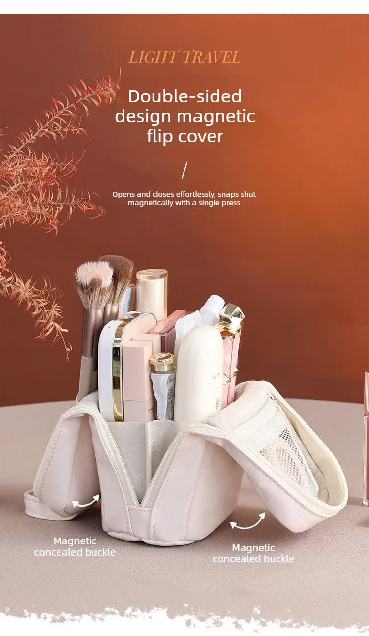 Stand-Up Flap Cosmetic Pouch Portable for Business Trips Makeup Bag Medicine Storage Pouch PU Makeup Brush Storage Cosmetic Bags