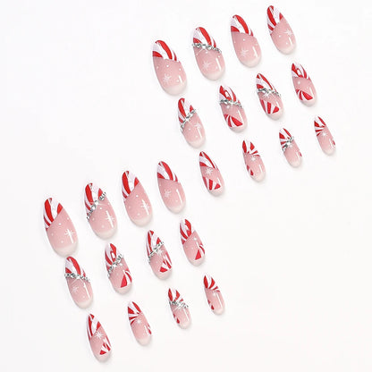 24pcs Red White French Line Christmas Sweet False Nails With Snowflake Rhinestone Starburst Design Pink Almond Press On Nails