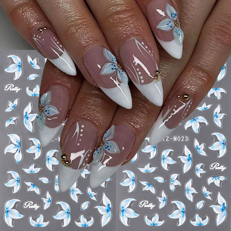 2pcs Hibiscus Flower Nail Art Stickers Blue & White Flowers Charm of Spring Summer Self-Adhesive DIY Decals Manicure Decoration
