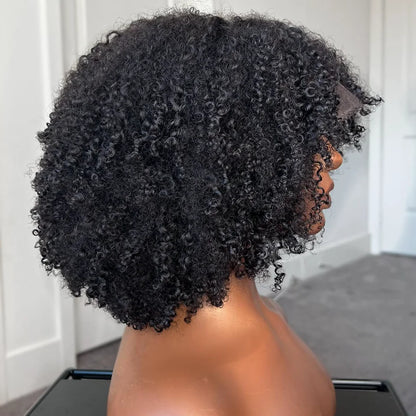 Mongolian Afro Kinky Curly Hunan Hair Wigs With Bangs Full Machine Made Wig 250 Density Remy Brazilian Short Curly Bangs Wig