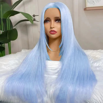 AIMEYA Layered Cut Wig Platinum Blonde Lace Front Wig Long Straight Synthetic Lace Wig Heat Resistant Blonde Wigs for Women