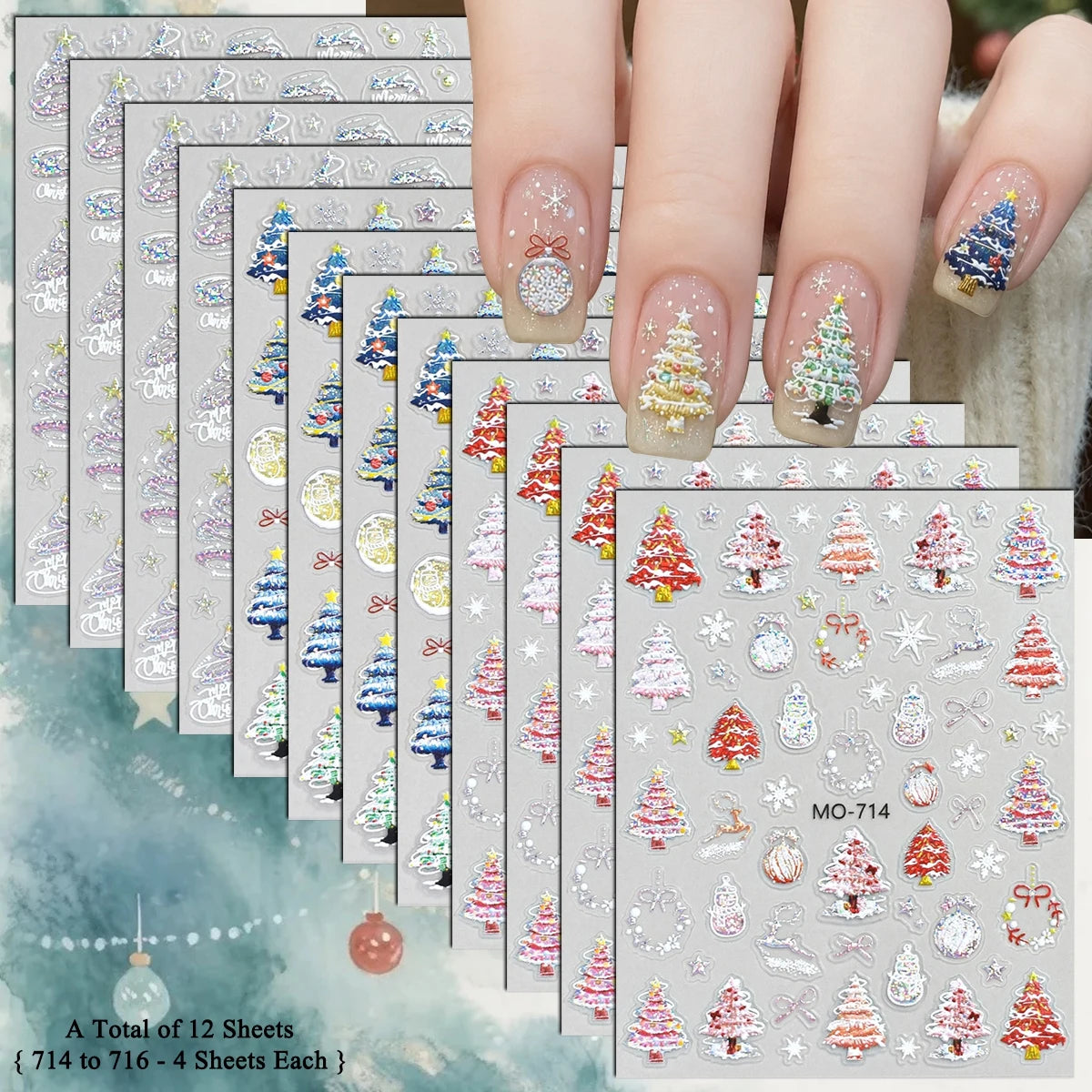 3 to 12 Sheets 5D Holographic Christmas Tree Snowflake Ornament Wreath Reindeer Glitter Self-Adhesive Nail Art Stickers