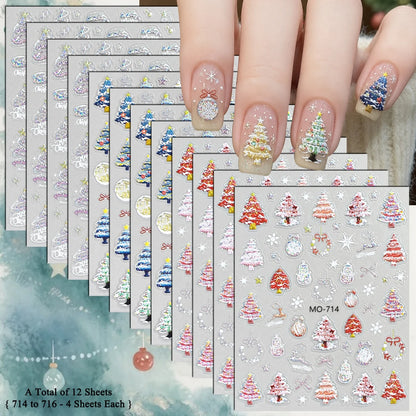 3 to 12 Sheets 5D Holographic Christmas Tree Snowflake Ornament Wreath Reindeer Glitter Self-Adhesive Nail Art Stickers