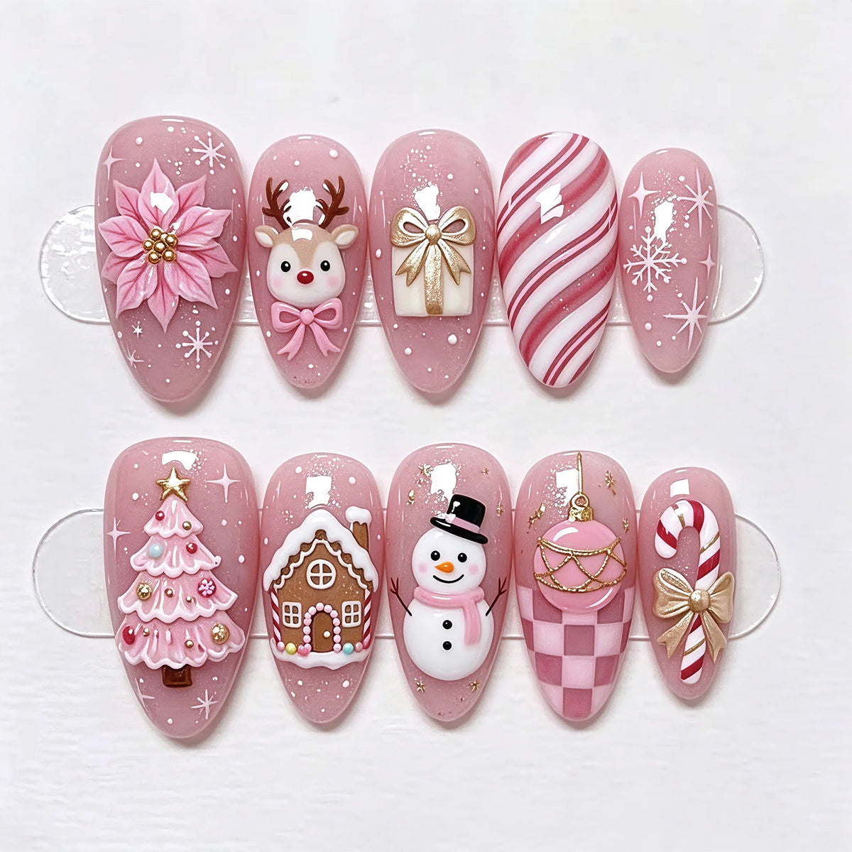 24Pcs Christmas Pink Flower Press on Nails Snowman Christmas Tree Detachable Full Cover Nail Gilded Bow Elk Gift Stick on Nails