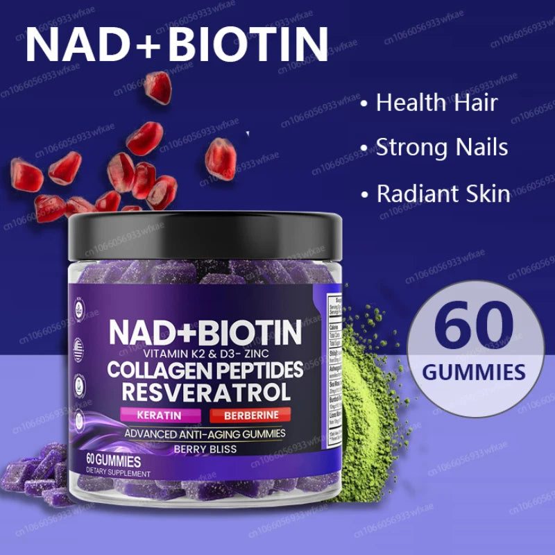NAD+ Biotin Gummies with Vitamin D3 K2 Zinc Keratin Skin Care Anti Aging Whitening Skin Nail and Hair Care Supplement