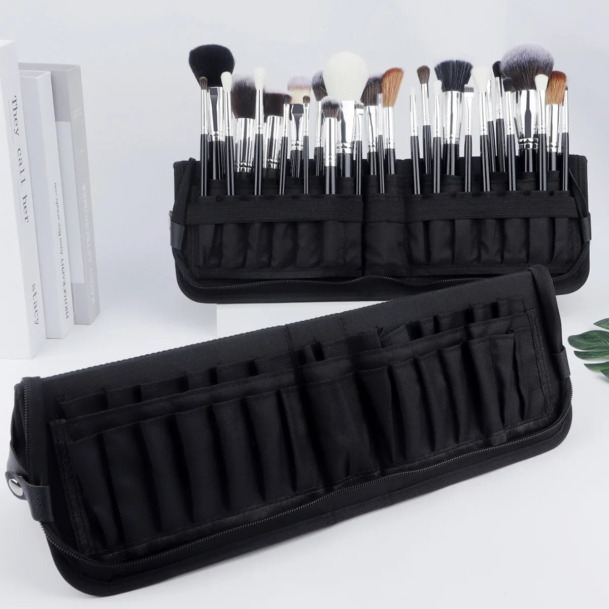Large Black Foldable Makeup Bag 14-40 Hole Storage Organizer for Beauty Brushes Cosmetic Pouch with Handles
