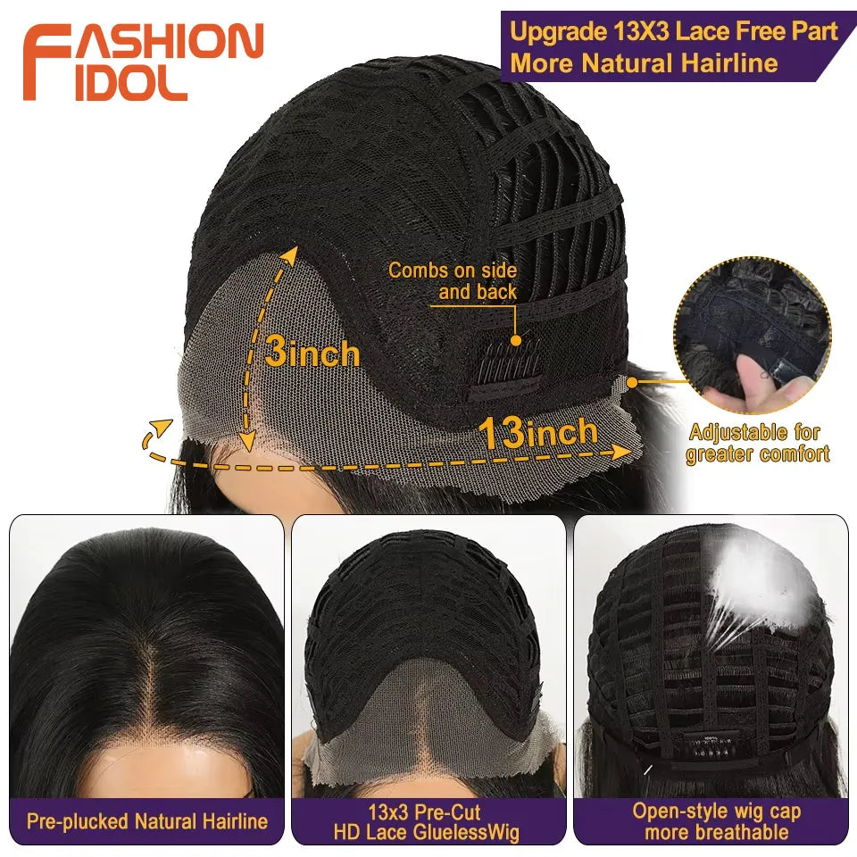 FASHION IDOL 16 Inch 13x3 Lace Front Wigs Synthetic Straight Hair Layered Ombre Brown Free Part Pre-Plucked Bob Wigs for Women