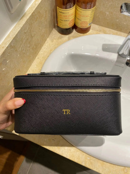 Ladies Saffiano Split Leather Travel Toiletry Case Bag Portable Hanging Makeup Organizer Box Dopp Kit Cosmetic Bag For Women