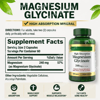 Magnesium Glycinate Capsules High Absorption Supports Muscle Relaxation Supports Bone Health 120 Capsules for Adults