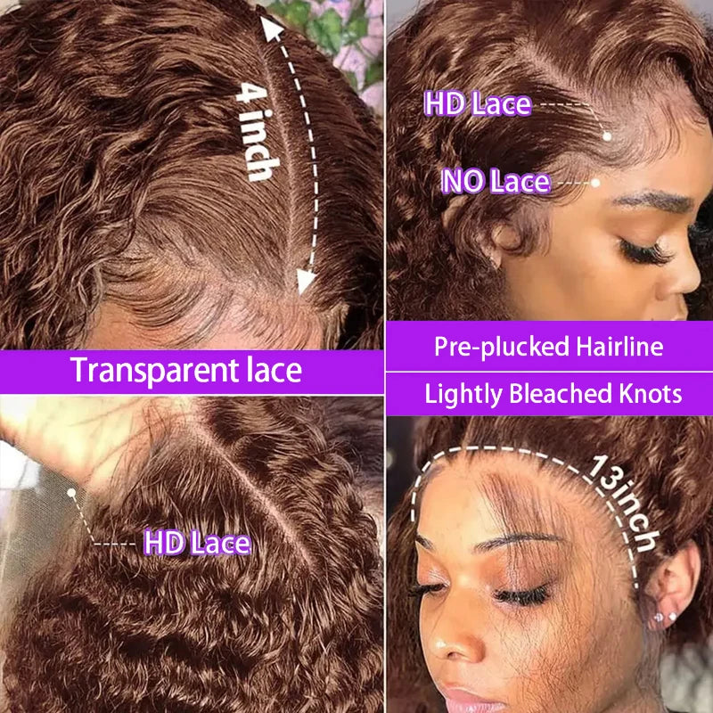 Chocolate Brown 200% Density Deep Curly 13x4 Lace Frontal Bob Wig Water Wavy Human Hair Wigs Pre Plucked Virgin Wet And Hair #4