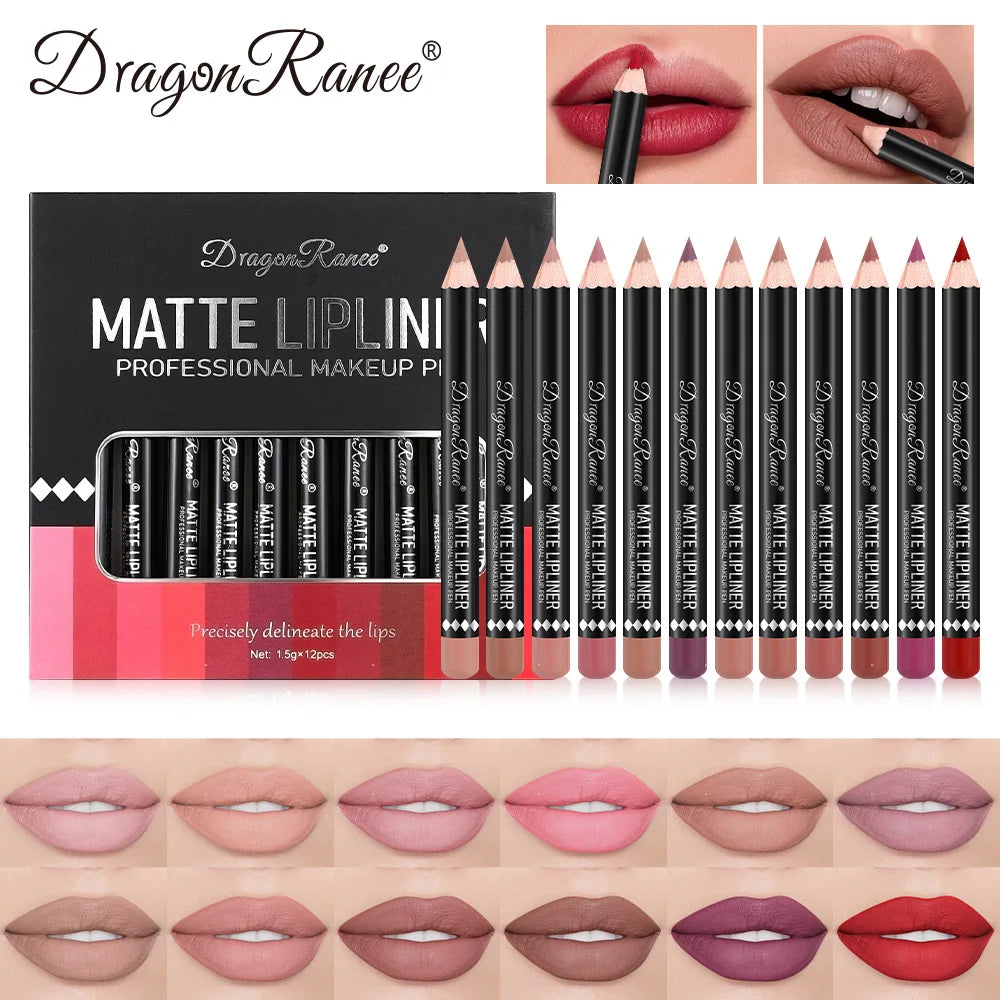 Long Lasting Matte Lip Liner 12 Colors Set Waterproof High Pigment Nude Wooden Pencil Lip Makeup Kit for Daily Use