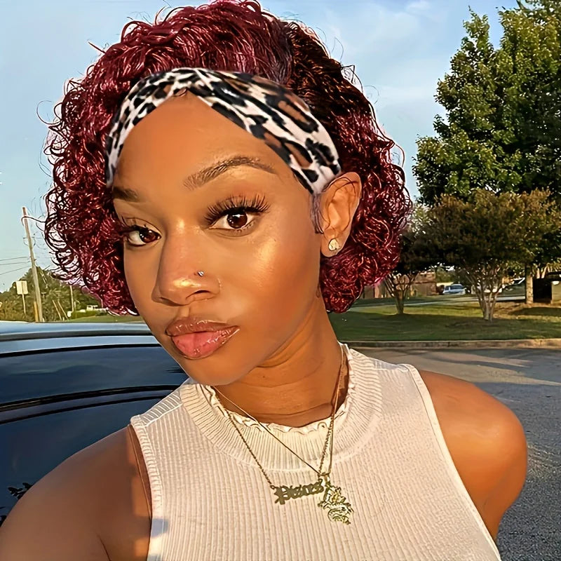 Water Wave Short Curly Pixie Cut Headband Wig for Women Remy Brazilian Human Hair Full Machine Made wig