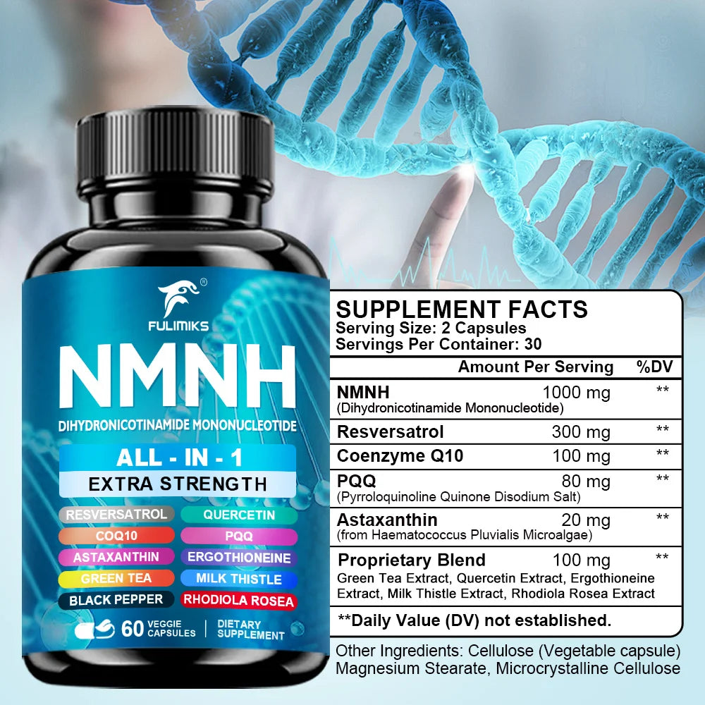 NMNH Supplement Capsules, NAD+ Booster, All-In-1, lmmune System, Energy, 60 Pills - Suitable for Men & Women - Daily Supplement