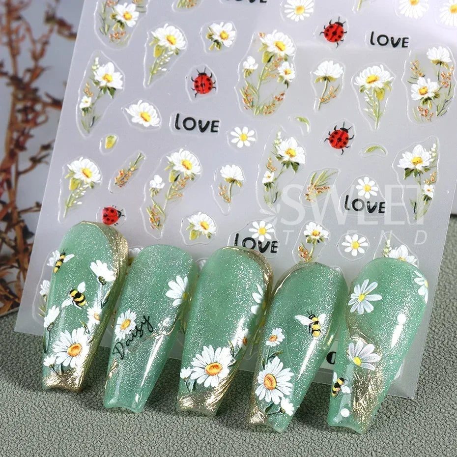 5D Daisy Flower Nail Stickers Cute Bee Blossom Petal Insect Self Adhesive Manicure Decal DIY Spring Summer Nail Art Decoration