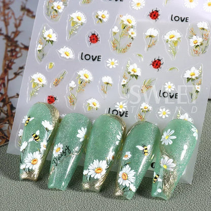 5D Daisy Flower Nail Stickers Cute Bee Blossom Petal Insect Self Adhesive Manicure Decal DIY Spring Summer Nail Art Decoration