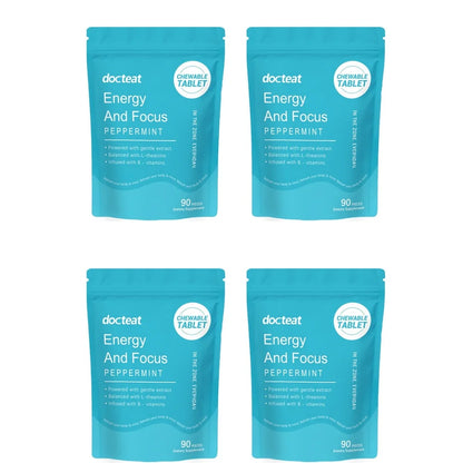 Docteat Peppermint Energy & Focus Chewable Tablets with L-Theanine and B Vitamins for Daily Vitality Support, 90 Tablets