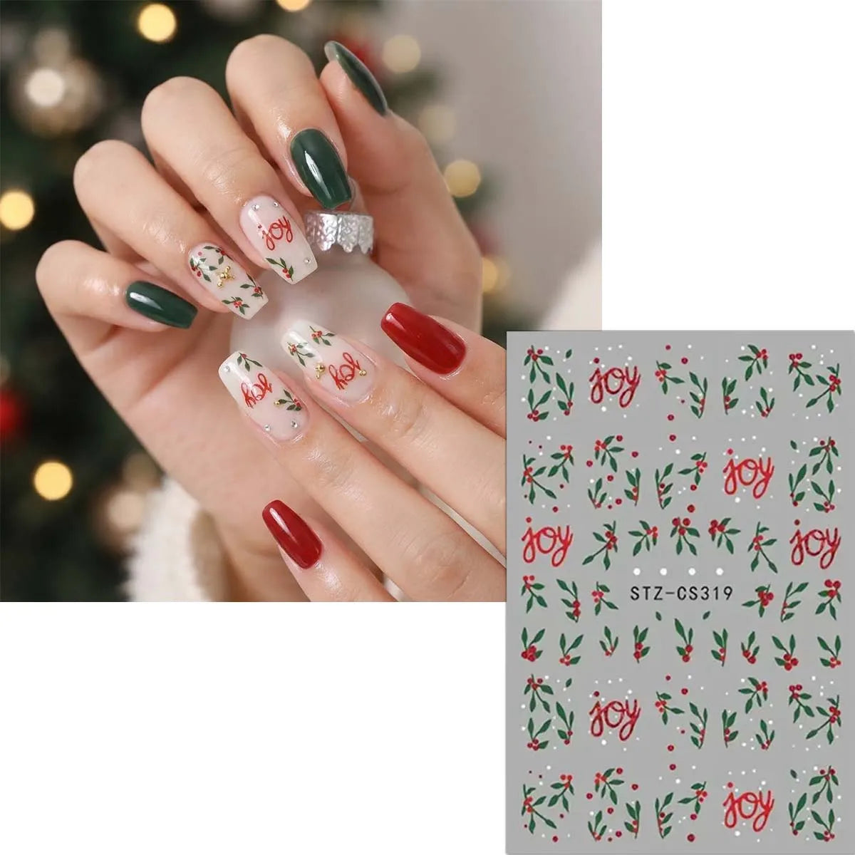 2PCS 3D Red Green Christmas Nail Stickers Holiday Snowflake Bow Berry Decals Winter Holiday Party Nail Art Supplies
