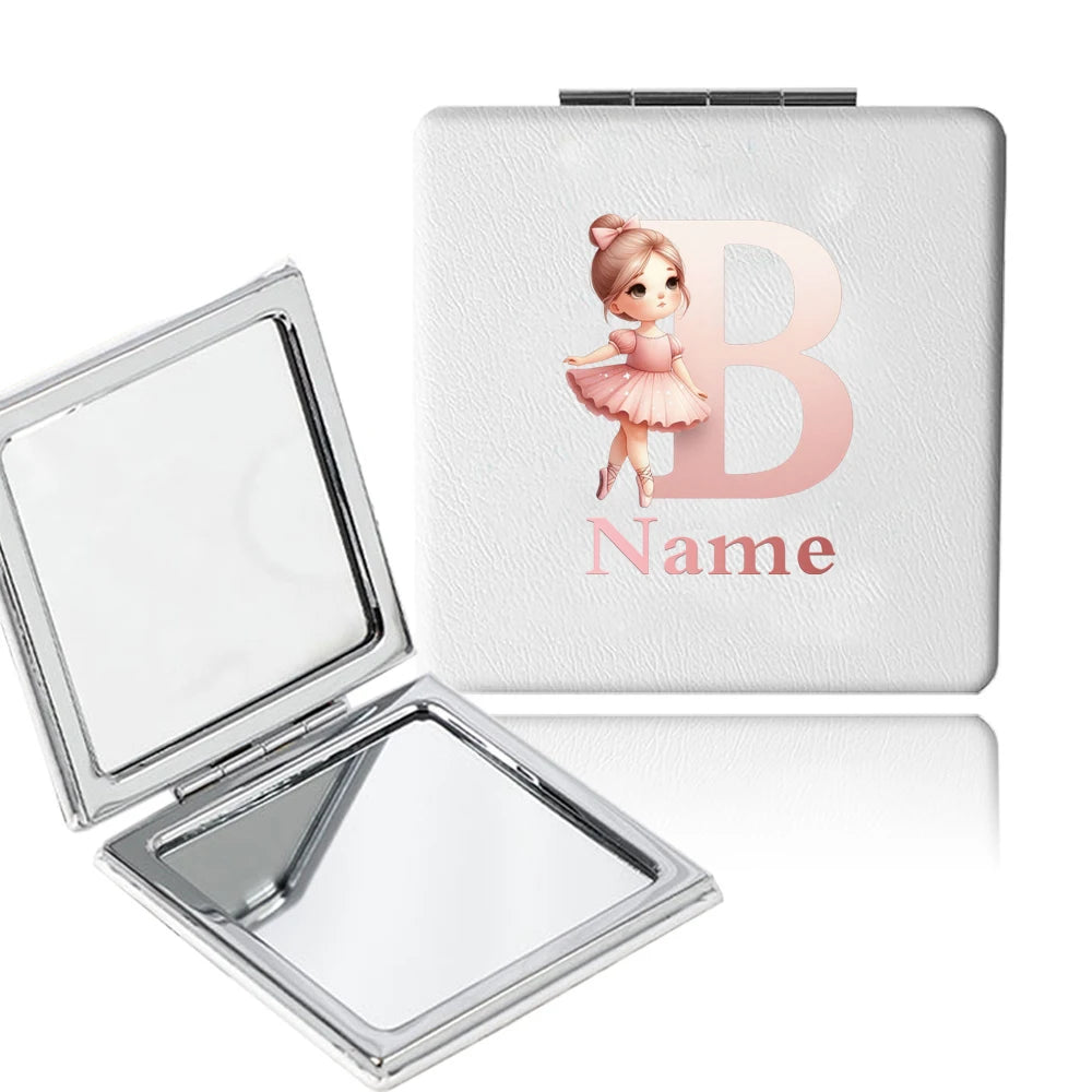 Customized Name PU Handheld Makeup Mirror Cover Dressing Double-Sided Portable Foldable Pocket Cosmetic Mirror