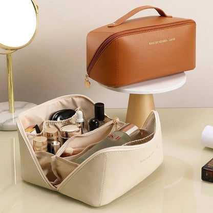 Women Travel Makeup Bag PU Cosmetic Organizer Large Capacity Toiletry Bag Wide Opening Portable Wash Bag