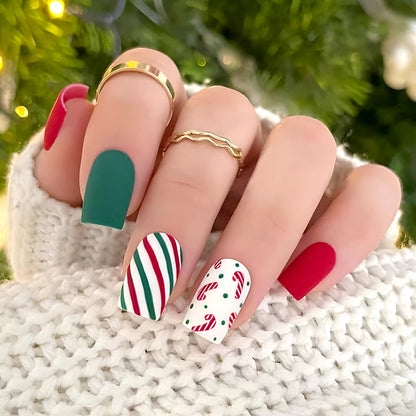 24pcs Red White French Line Christmas Sweet False Nails With Snowflake Rhinestone Starburst Design Pink Almond Press On Nails