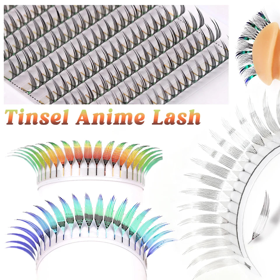 New Tinsel Anime Eyelash Extension Dual Sided Holographic Manga False Eyelash Feather Colored Christmas Party Comic Spire Lashes