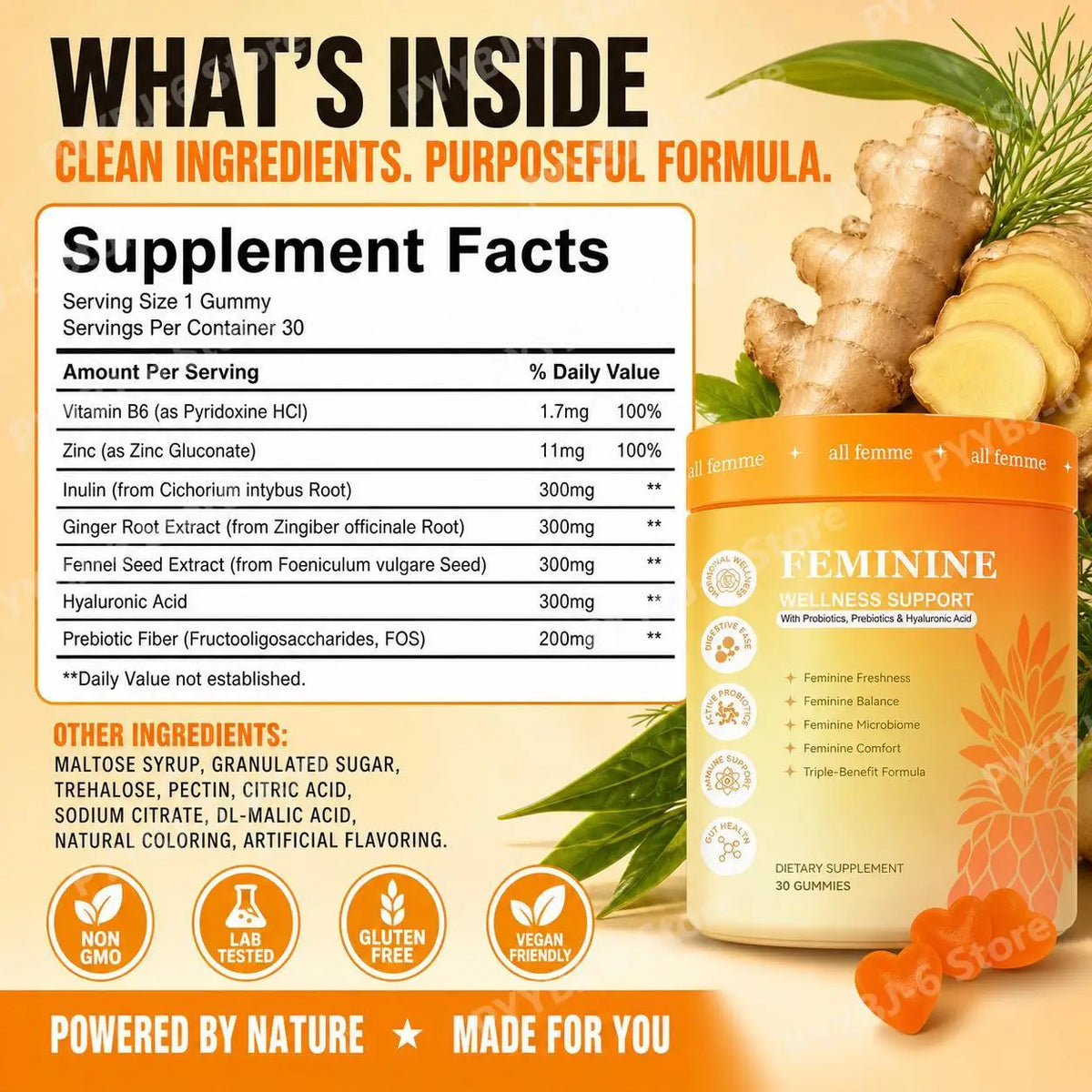 Women's Feminine Wellness Support Gummies with Vitamin B6, Zinc, Inulin & Hyaluronic Acid, for Digestive Balance, 30 Gummies