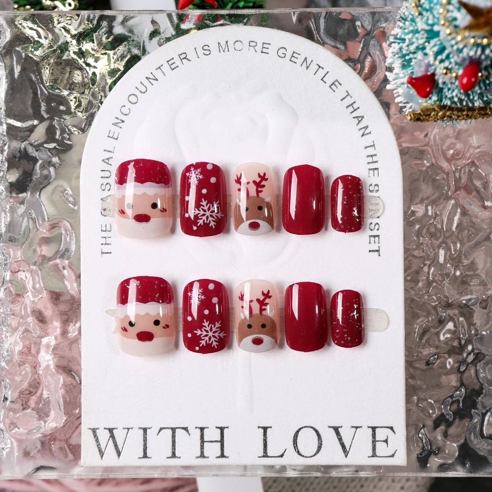 24Pcs Red Christmas Fake Nails Cute Santa Claus Reindeer & Snowflake Designs Artificial Nails Glossy Short Oval Press On Nails