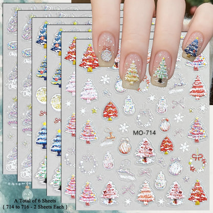 3 to 12 Sheets 5D Holographic Christmas Tree Snowflake Ornament Wreath Reindeer Glitter Self-Adhesive Nail Art Stickers